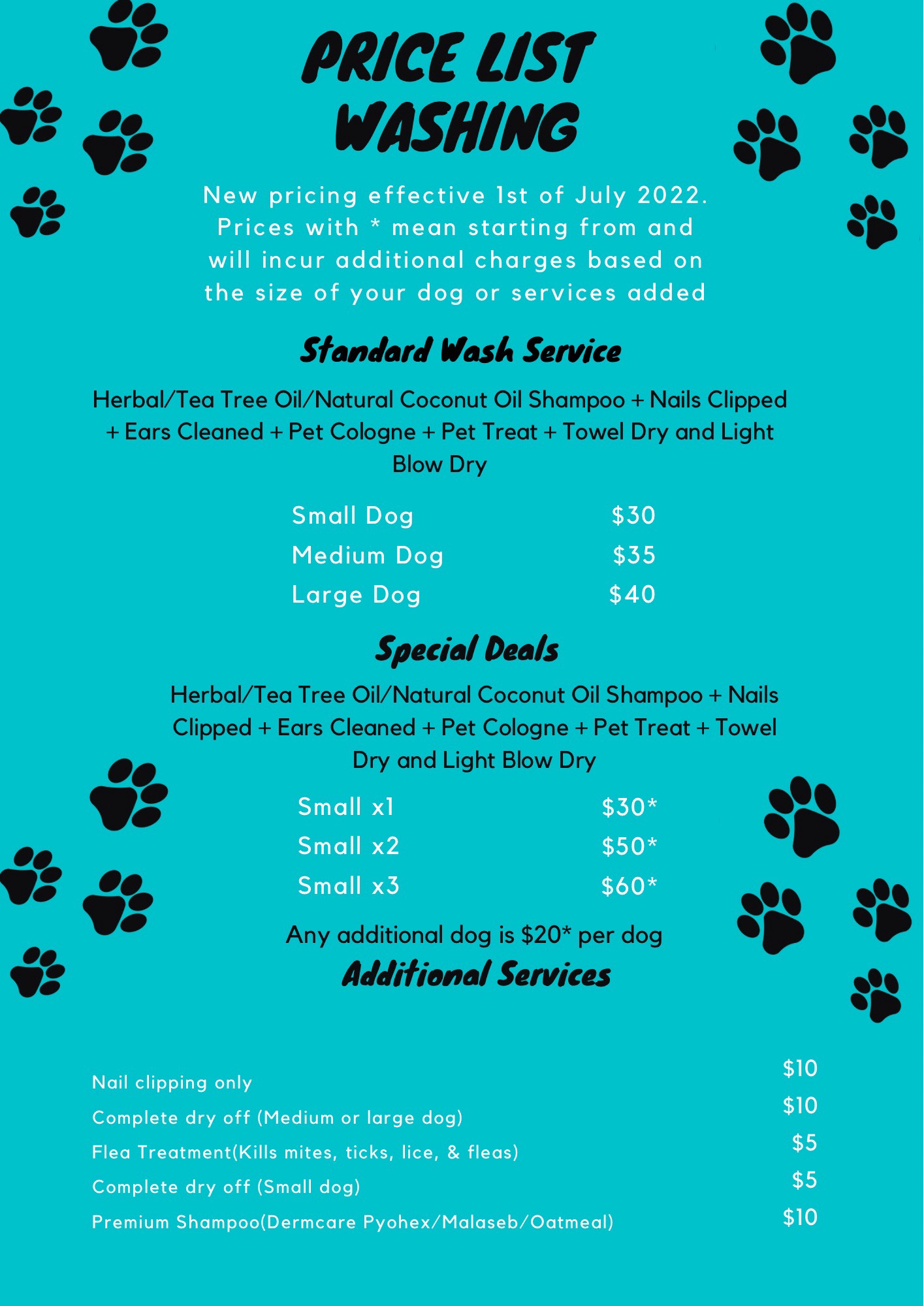 List of Prices for Washing of Dogs of all sizes.