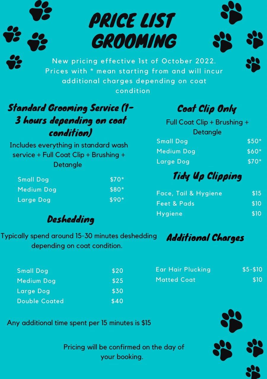 List of prices for grooming of dogs for all sizes.