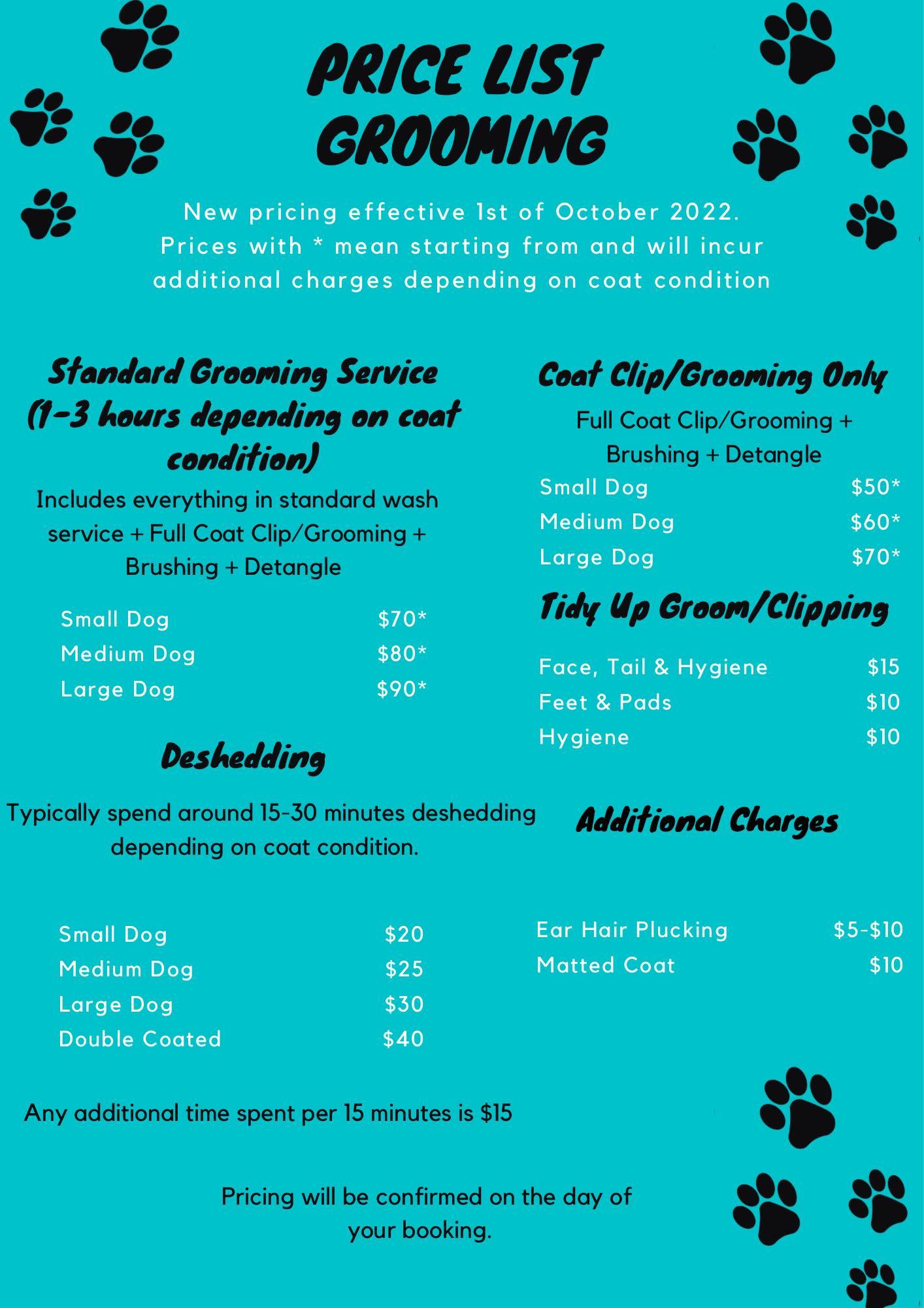 List of prices for grooming of dogs for all sizes.
